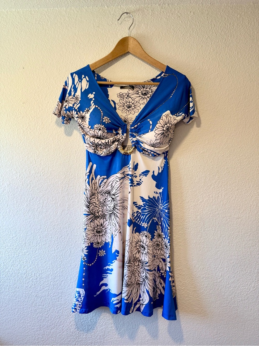 ROBERTO CAVALLI Blue and White Floral Knot-Detail Dress